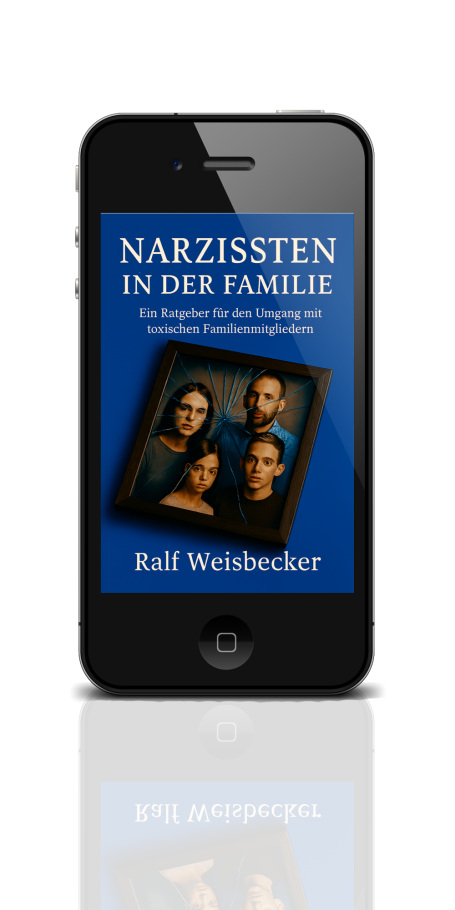 Buchcover "Narzissen in der Familie" mit vier Personen und einem Smartphone.