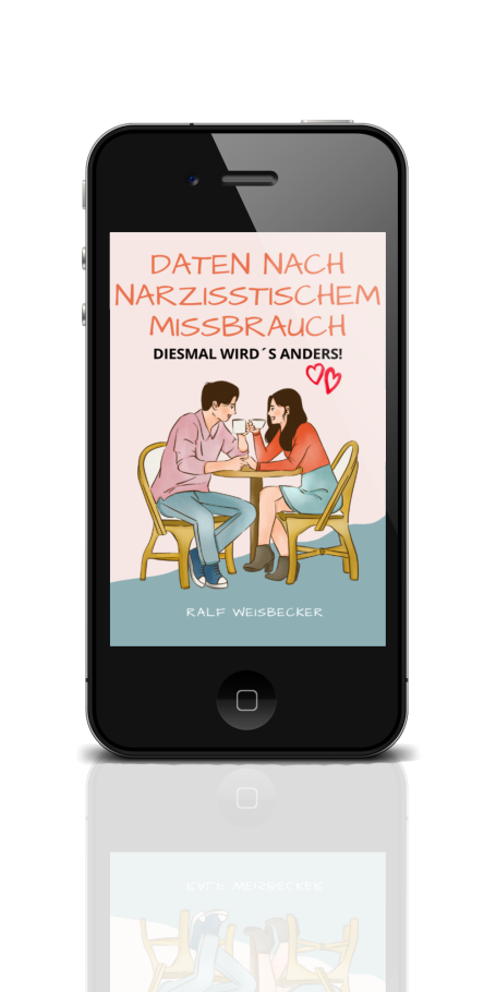 Ein Smartphone zeigt ein Buchcover mit einem Paar, das an einem Tisch sitzt.