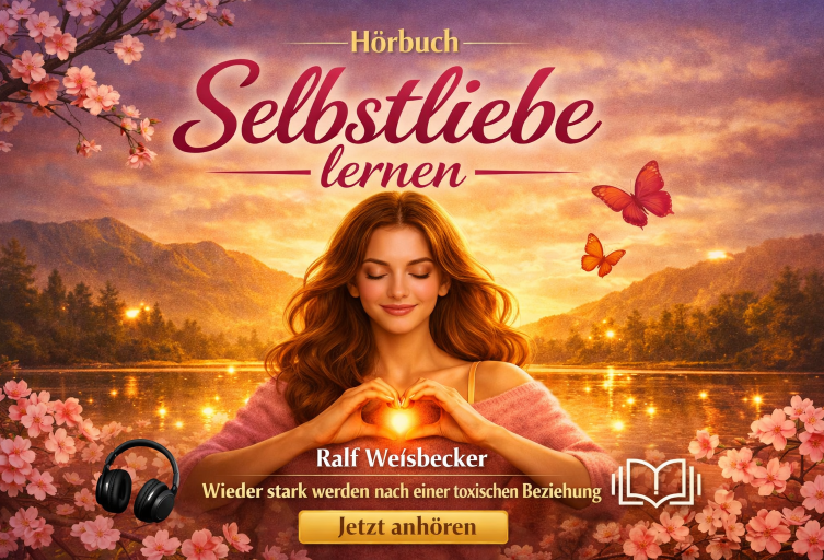 Buchcover mit titel "Selbstliebe lernen" und einer meditierenden Silhouette vor blauem Hintergrund.