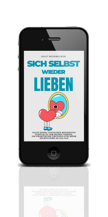 Ein Smartphone zeigt das Buchcover "Sich selbst wieder lieben".