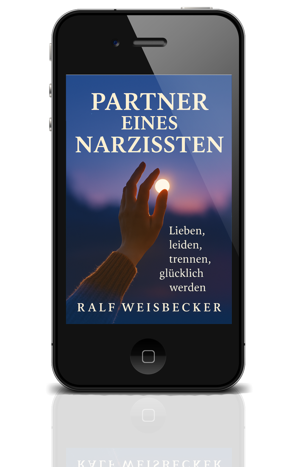 Ein Smartphone zeigt das Buchcover "Partner eines Narzissten".