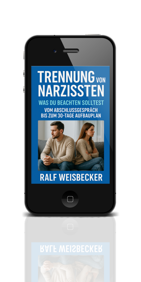 Buchcover "Trennung von Narzissten" von Ralf Wiesbecker auf einem Smartphone.