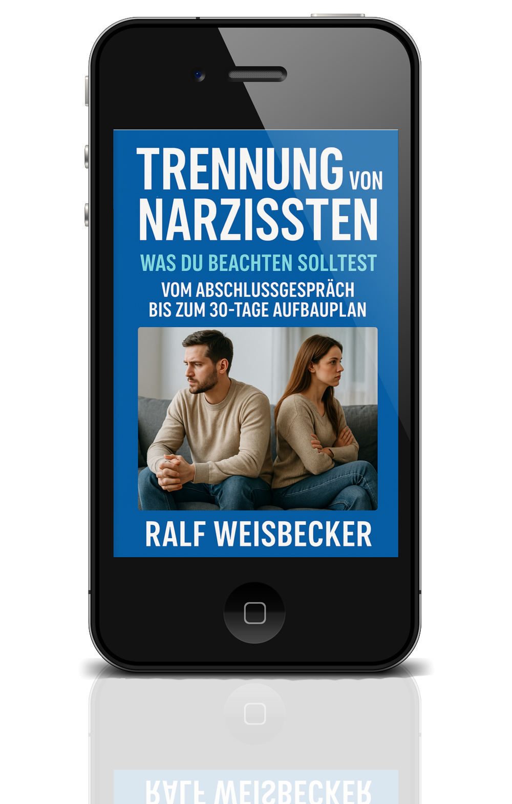Buchcover „Trennung von Narzissten“ mit Titel und Autor auf Smartphone-Display.